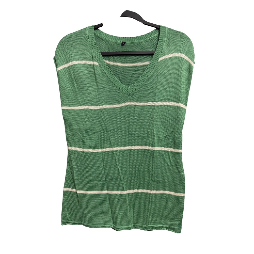Unbranded Green Striped V-Neck Knit Sweater Vest Sleeveless Top Womens Small